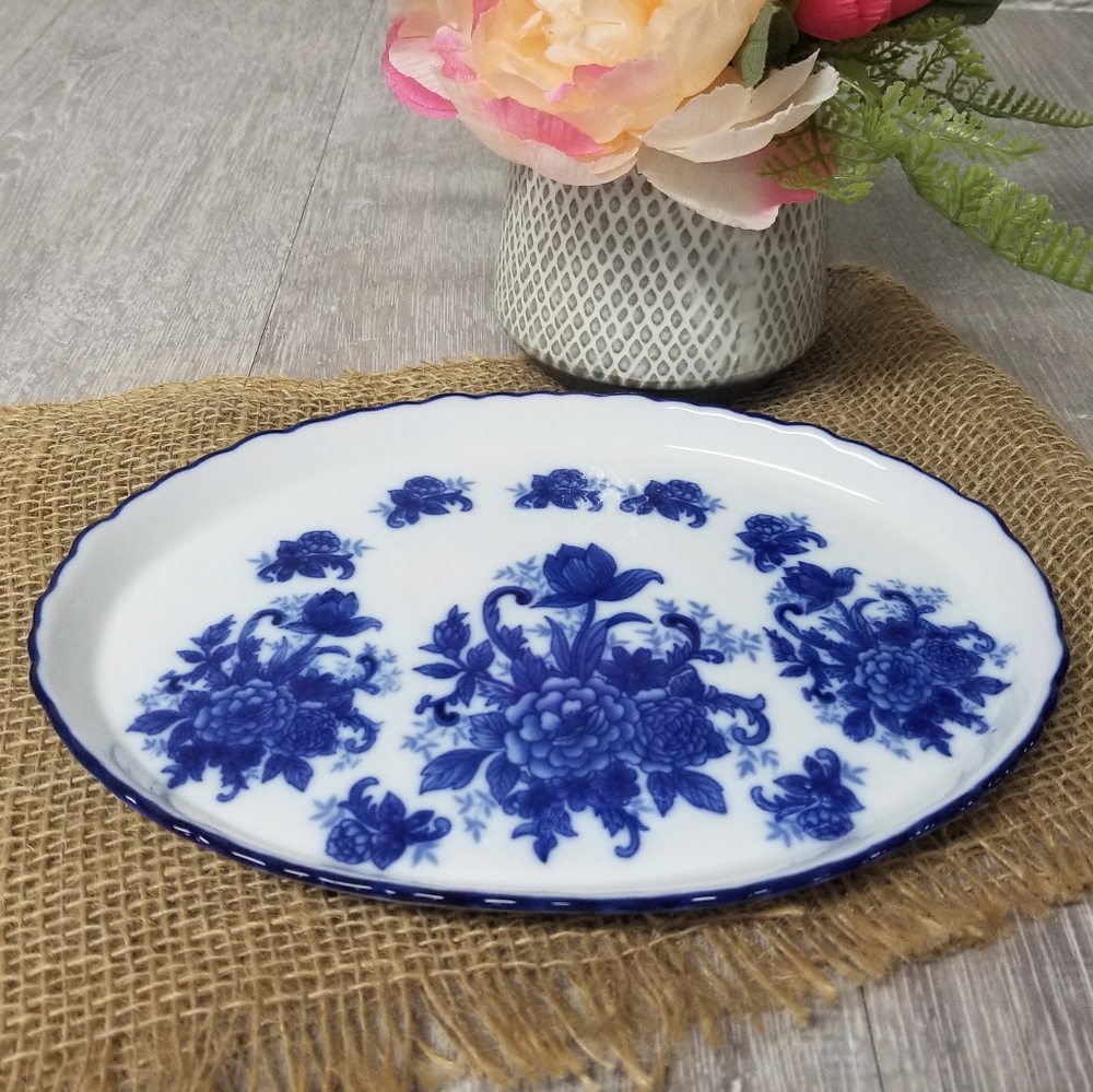 Blue floral oval porcelain tray